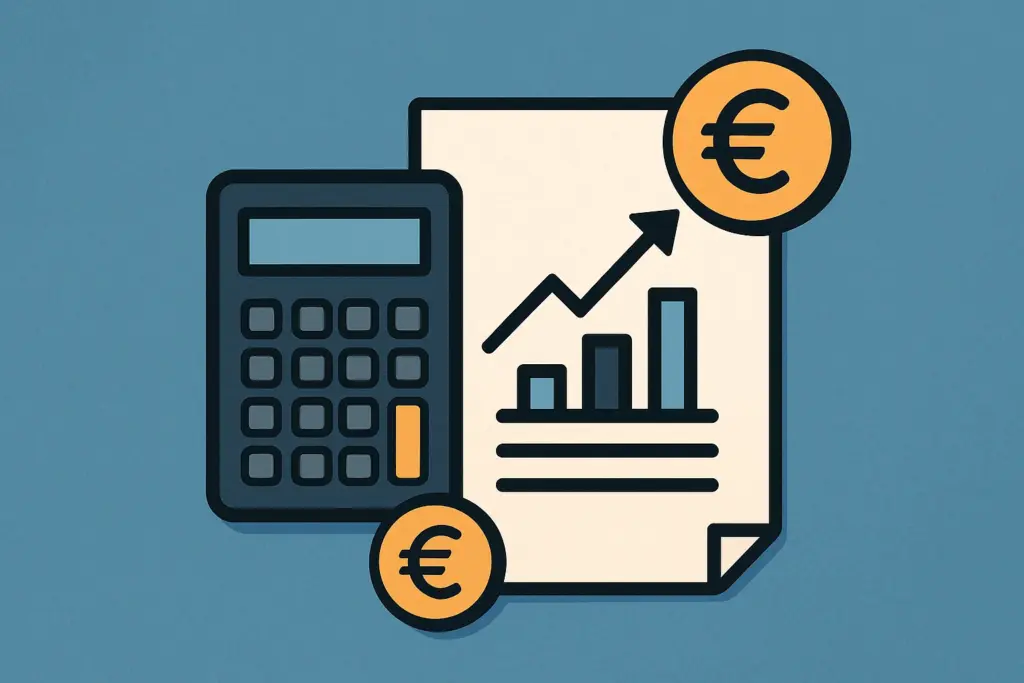 Illustration zu Gewinnaufschlag nach § 6b EStG mit Taschenrechner, Euro-Symbolen und Diagramm für steuerliche Rücklagen