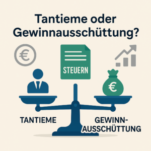 Waage mit Symbolen für Tantieme und Gewinnausschüttung, ergänzt durch Steuern-Icon und Euro-Grafiken – visuelle Darstellung zur steuerlichen Entscheidung für GmbH-Geschäftsführer.