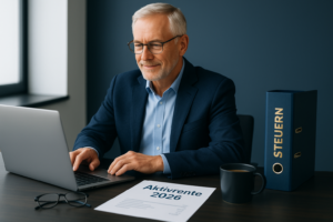Älterer Mann arbeitet konzentriert am Laptop an einem Schreibtisch mit einem Dokument „Aktivrente 2026“ und einem Ordner „Steuern“.