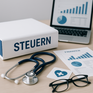Ordner mit der Aufschrift „Steuern“ neben Stethoskop, Finanzunterlagen und Laptop – Darstellung der steuerlichen und finanziellen Anforderungen einer Pflegedienst-GmbH.