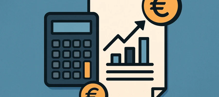 Illustration zu Gewinnaufschlag nach § 6b EStG mit Taschenrechner, Euro-Symbolen und Diagramm für steuerliche Rücklagen